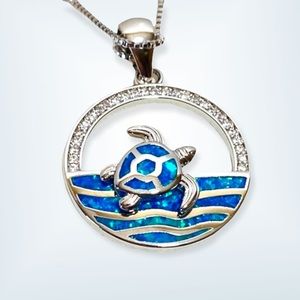 Blue Opal Inlay Sea Turtle Pendant • Sterling Silver • Open Circle • CZ Stones